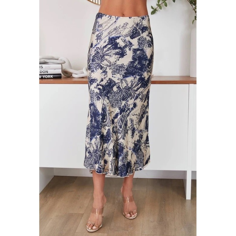 Milio Milano Womens One Size Tropical Print Silky Skirt Beige Blue Pull On Italy